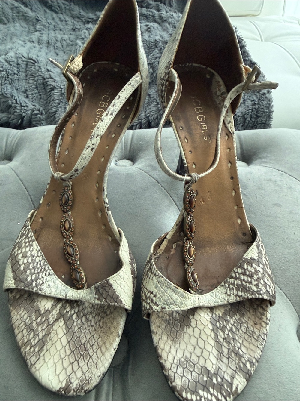 BCBGeneration Beige Snake Print T-Strap Heels with Embellished Accents